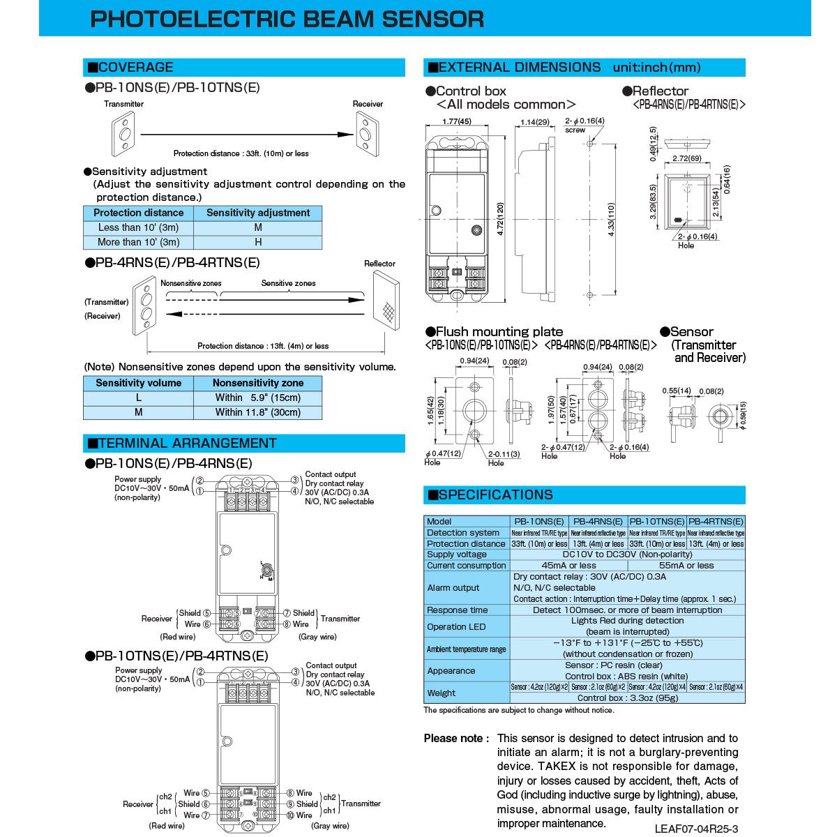 Takex PB-10NS Photoelectric Beam Detector Flush Mount 10m Range Spec Sheet Iotrend BD136-8